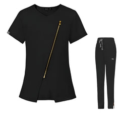 Black Sydney Spring Women's Medical Scrub Set - Short Sleeve Zipper Top & Nurse Pant, Comfortable & Stylish for Healthcare Professionals