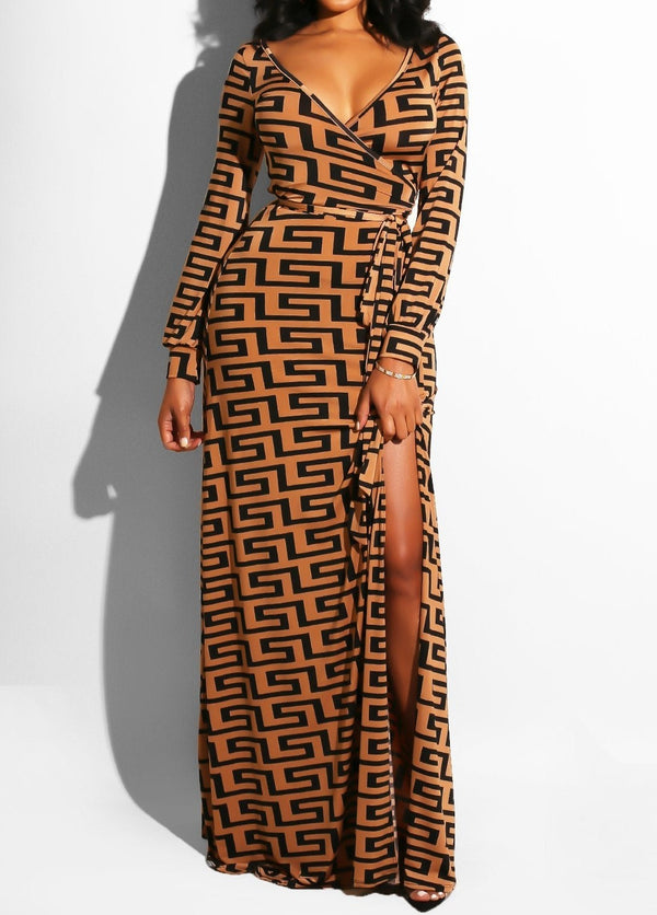 Stylish Mother's Day Statement Women's Print Wrap Dress with Long Sleeves