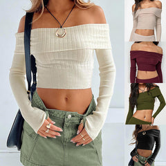 Off-Shoulder Knitted Crop Sweater Trendy Long Sleeve Short Top