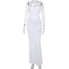 Elegant Tube Top Maxi Dress Premium Lace Stitching, Hollow Bodice & Fishbone Waist Design