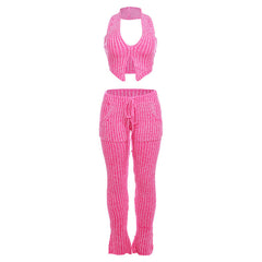 Backless Halter Top & Straight Leg Pant Set Ruched Slinky Style