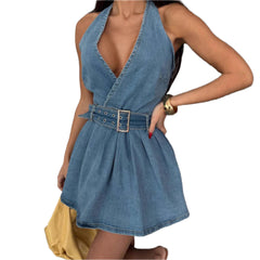 Blue Lightweight Summer Halter Dress Backless Denim with Belt Detail
