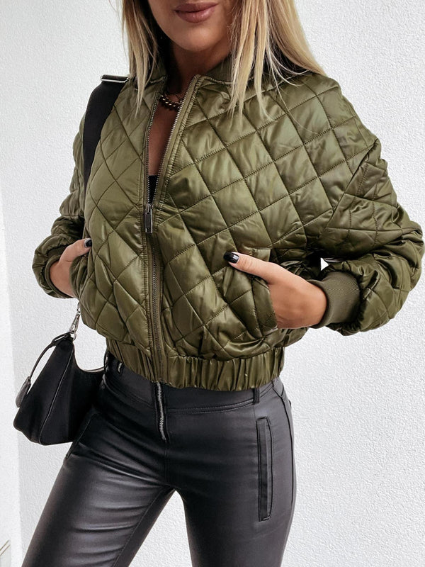 Women's Green Autumn  Quilted Bomber Jacket Lightweight Puffer Style Outerwear