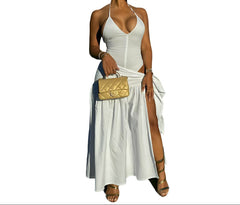 White vacation Summer Women's Stylish High Waist Bodycon Design  Knotted Slit Skirt Set