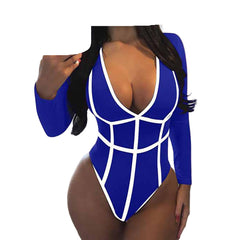 Blue Fall Sexy Patchwork V-Neck Bodysuit Set for Women – Long Sleeve, Slim Fit, Seductive Partywear
