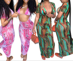 Sheer Floral Mesh Bikini Cover Up Maxi Dress  Beach Swimsuit Dress