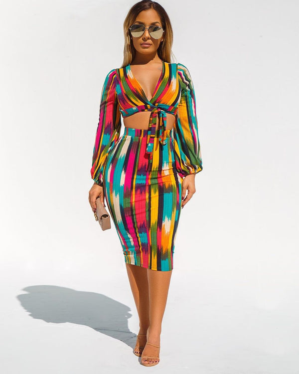 Vibrant Vibes Await: Tie-Dye Colorful Striped Lace-Up Two-Piece Skirt Set - Stand Out Stylishlyon Summer Vacation