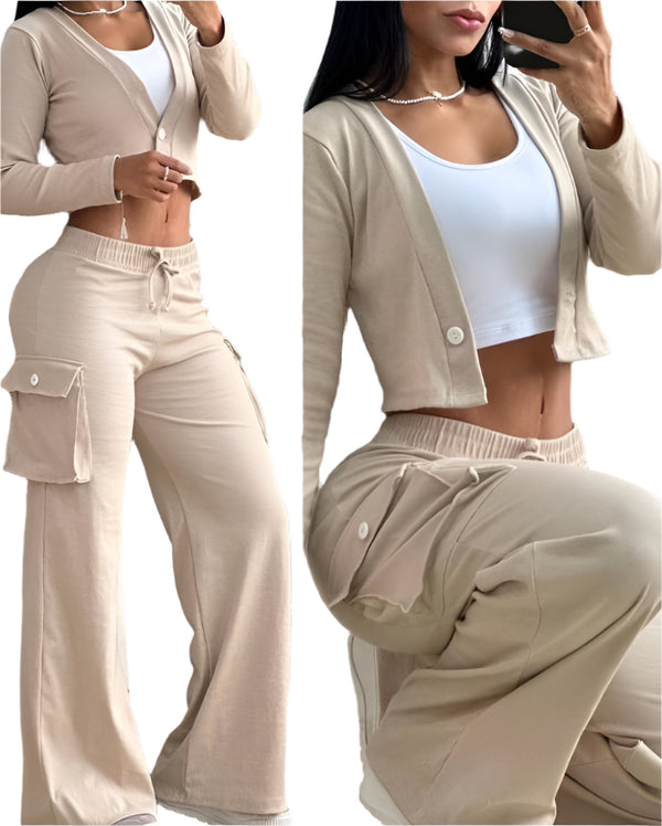 Khaki Plus Size Women’s Travel Cargo Pant Set Lightweight 2-Piece Airport Outfit with Pockets