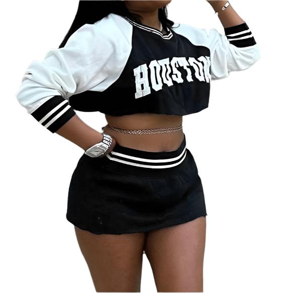 Athleisure Vibe Women's Varsity Cropped Long Sleeve Sweater Mini Skirt Set