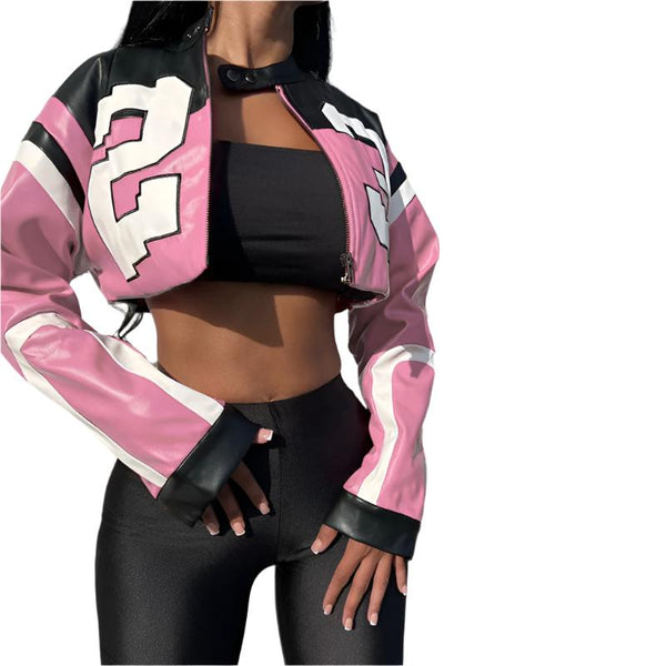 Pink Women's Track Faux Leather Jacket  Stylish, Lightweight, and Versatile Outerwear