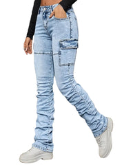 Plus Size Women’s Light Wash Distressed Cargo Stacked Jeans