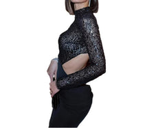 Women's Cut-Out Long Sleeve Sequin Mesh Maxi Dress Backless Mock Neck Tight Fit
