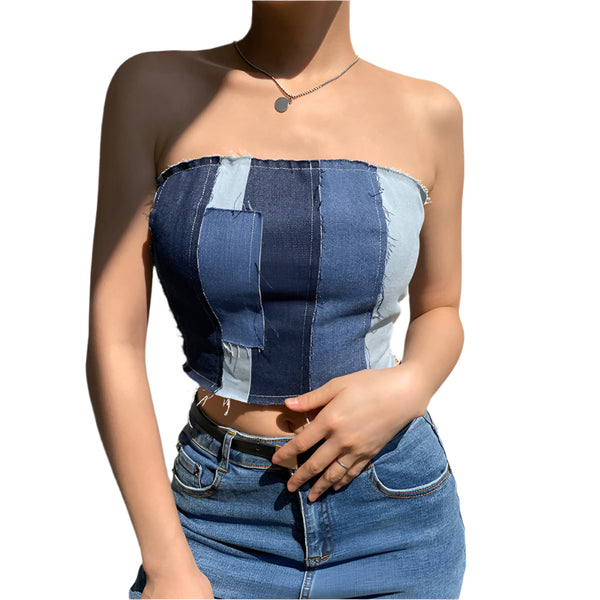 Make a Statement  Get Noticed with Our Denim Stitching Color Blocking Tube Top!