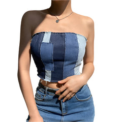 Make a Statement  Get Noticed with Our Denim Stitching Color Blocking Tube Top!