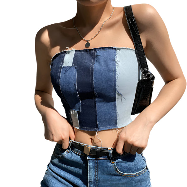 Denim Stitching Color Blocking Tube Top