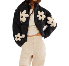 Black Floral Lamb Woolen Zipper Top Cardigan Stylish & Warm Women’s Sweater 