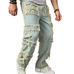 Light Blue Retro Wide Leg Distressed Jeans for Men