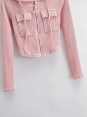 Women's Knitted Hooded Two-Piece Set Stretchy Zipper Top & Matching Bottoms