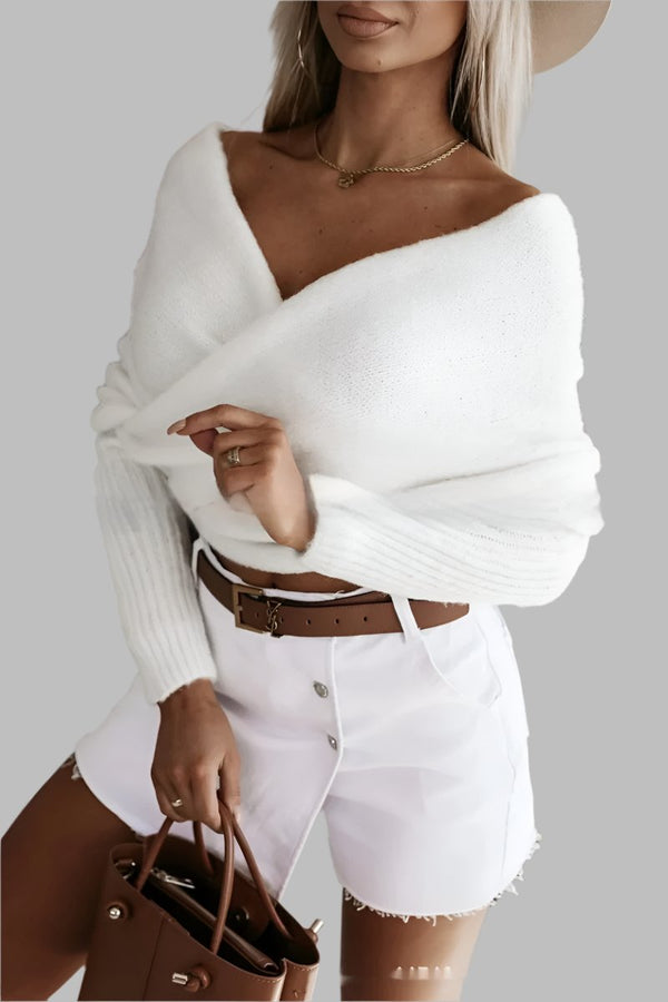 White Off-The-Shoulder Sweater with Cross Design Chic Women's Casual Knitwear