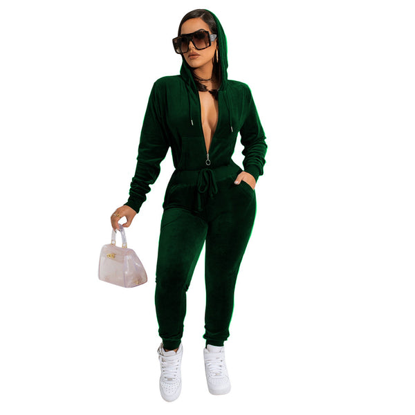 Curvy women outfit ideas./Green Luxury Velvet Hooded someone Elegant & Comfortable jumpsuit Outfit