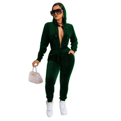 Curvy women outfit ideas./Green Luxury Velvet Hooded someone Elegant & Comfortable jumpsuit Outfit