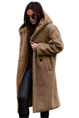 Camel Women's Long Hooded Faux Sheep Wool Coat - Warm & Stylish Winter 