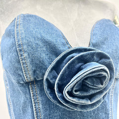 Women's 3D Floral Denim Dress  Embroidered Flower Jean Mini Dress