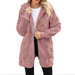 Pink Women’s Plus Size Plaid Hooded Cardigan Cozy Fall Sweater with Pockets