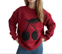 Women’s Airy Soft Jacquard Crewneck Sweater – Cherry Design