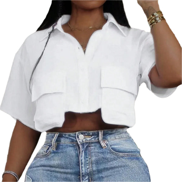 White Women’s Cropped Boyfriend May Shirt with Flap Pockets
