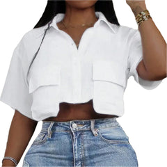 White Women’s Cropped Boyfriend May Shirt with Flap Pockets