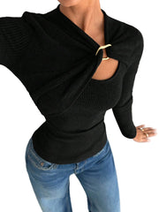 Black Women’s Asymmetrical Long-Sleeve Slim Fit Top