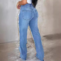Women's Distressed Ripped Jeans with  Pearls & Chain Accs.