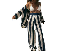 Chic Vibe Women's Knitted Striped Lounge Set – V-Neck Hollow Top & Wide Leg Pants