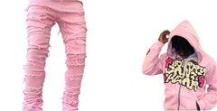 Mauve/ Salmon Pink Men's Stretch Patch Denim Straight Leg Pant Comfortable Jean Set with Unique Design