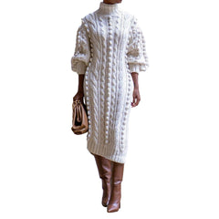 Stylish Women's Casual Knitted Long Dress with Turtleneck and Slit Detail