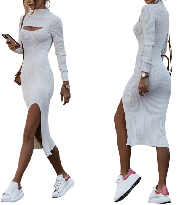 White Textured Draped Midi Dress for Women Slash Neck, Long Sleeves & Side Slit