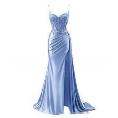 Blue Satin Strapless Maxi Corset Dress  Sexy Long Formal Evening Gown