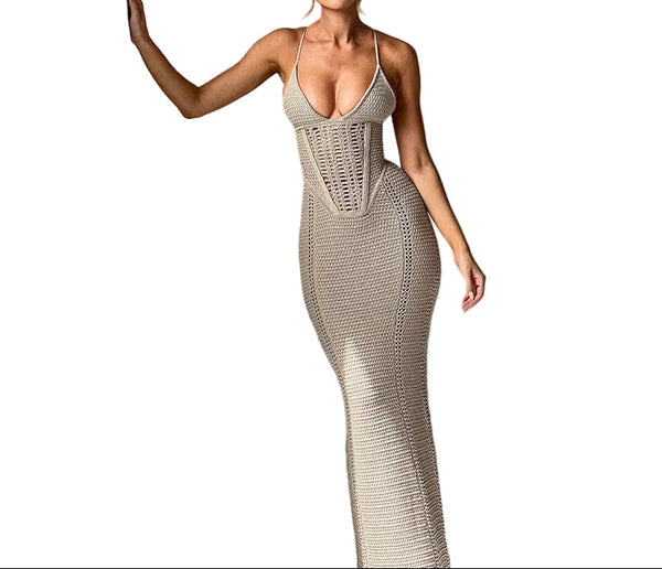 Women’s Khaki Beach Knit Halter Maxi Dress  Backless V-Neck