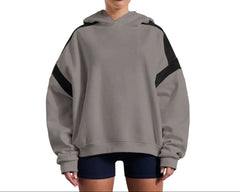 Fall Gray Cozy Fleece Oversized Hoodie for Women – Contrast Shoulder Stripes