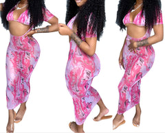 Pink Sheer Floral Mesh Bikini Cover Up Maxi Dress  Beach Swimsuit Dress