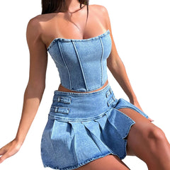 Women's Fitted Sexy Solid Color Denim Bodycon Mini Skirt Set