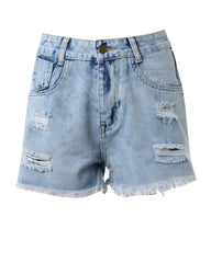 Women's High Waist Ripped Denim Shorts with Side Zipper Trendy Summer Look