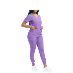 Lavender Essential Multi-Pocket V-Neck Scrub Set for Women - Top and Bottom