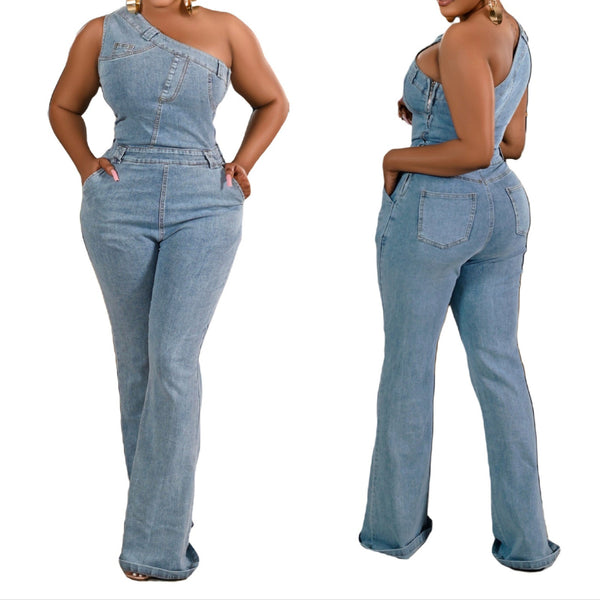 Trendy Slant Shoulder Denim Tight Waist, Slim Fit Jumpsuit
