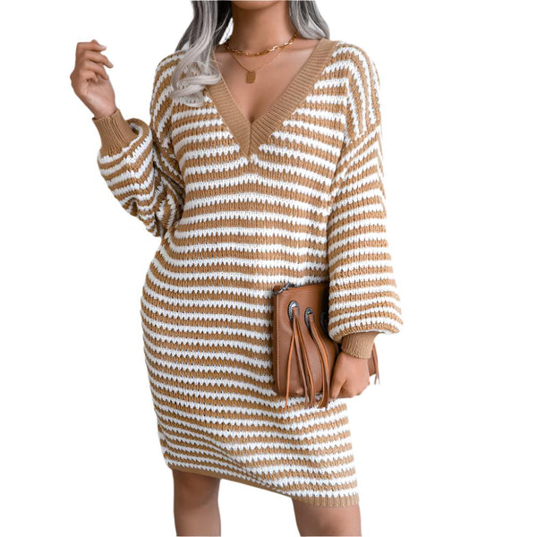 Versatile Striped V-Neck Long Sleeve Sweater Top for Women - Wear as a Dress!