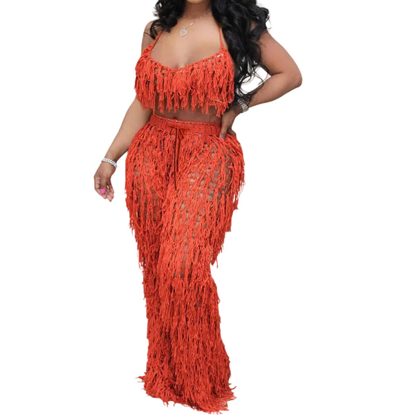 Orange Vacation Women’s Crochet Tassel Beach Cover-Up – Sheer Knit Swimwear Set
