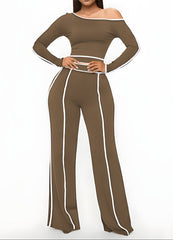 Brown  Fall  Chic 2-Piece Set for Women – Long Sleeve Blouse & Wide-Leg High-Waist Pants