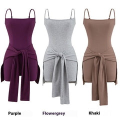 Women's Tie Knot Skort Romper Sleeveless Faux Wrap Belted Summer Jumpsuit