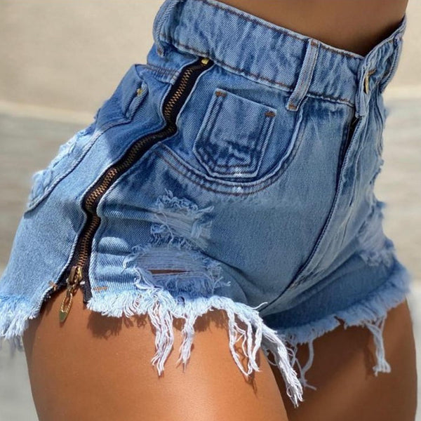 Women's High Waist Ripped Denim Shorts with Side Zipper Trendy Summer Look